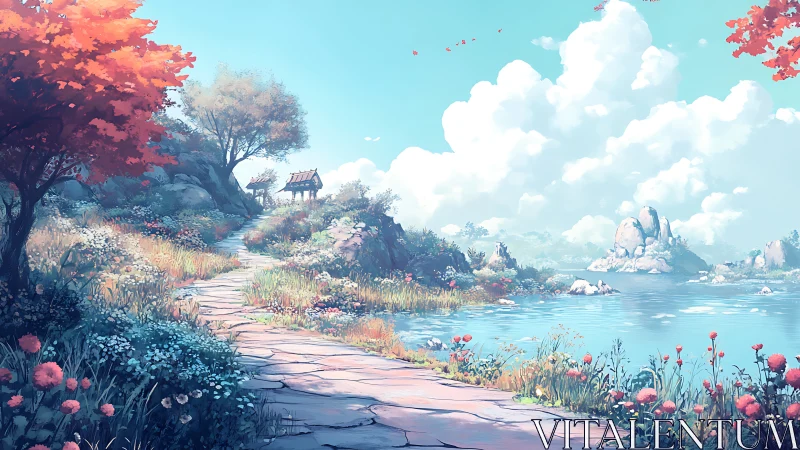 Sunlit lakeside path wandering into painted-cloud daydreams.