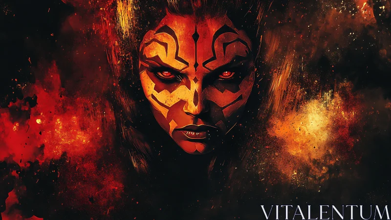 Symmetrical red-lit demon visage emerges from abstract fiery void