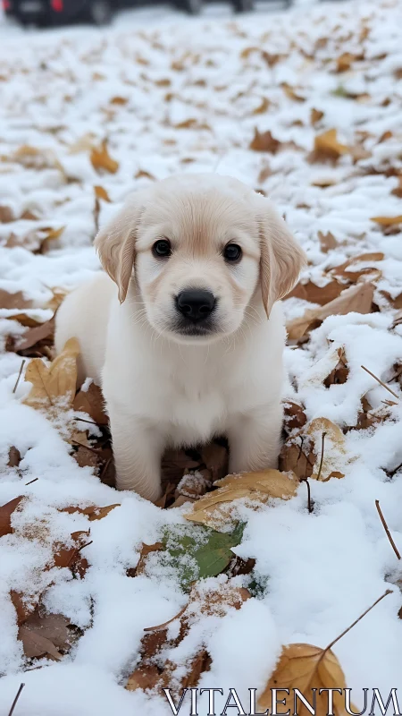 Golden puppy discovering first snow on a leafy winter day.
