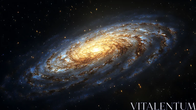 Spiral galaxy core rendered in luminous cosmic dust field.