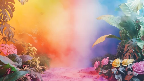 Tropical plants frame vivid rainbow mist in surreal garden