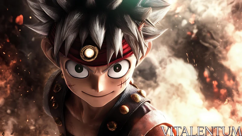 Battle-ready anime rogue grins through swirling embers.