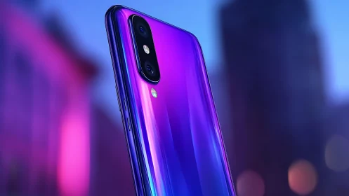 Gradient glass smartphone with dual camera in city light.