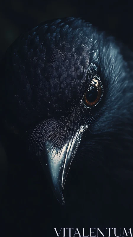 Macro raven portrait with high-contrast low-key lighting.