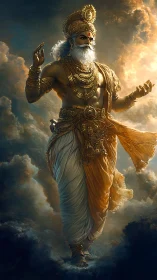 Radiant celestial deity strides through sunlit storm clouds