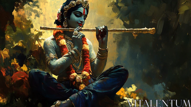 Divine flute player bathes the forest in luminous devotion.