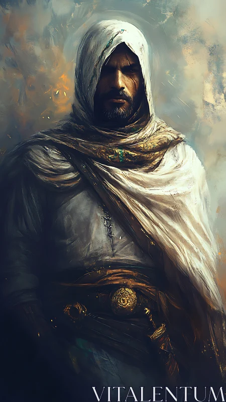 Hooded desert warrior stands shrouded in worn white cloth