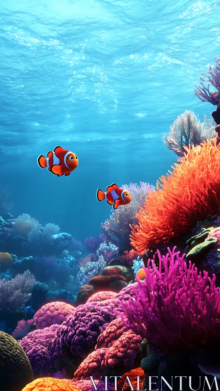 Vibrant coral reef with clownfish in stylized digital seascape.