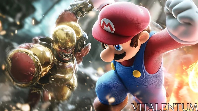 Heroic plumber charges forward in a blazing showdown.