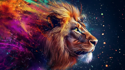Lion profile rendered with vivid multicolor cosmic splashes
