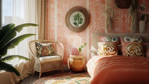 Sunlit coral bedroom stages a boho daydream in woven warmth