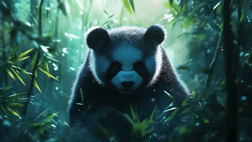 Juvenile panda advances through misted bamboo forest light