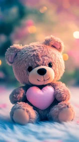 Soft-focus plush teddy with pastel heart under bokeh glow.
