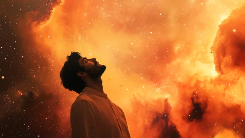 Stargazing dreamer wrapped in glowing orange cosmic clouds.