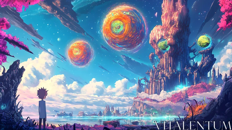 Surreal alien skyline unfolds under swirling cosmic orbs.