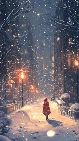 Snowy city street with lone figure in red coat at night.