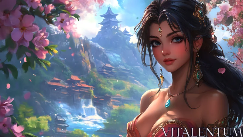 Sakura sorceress guarding a cascading mountain kingdom.