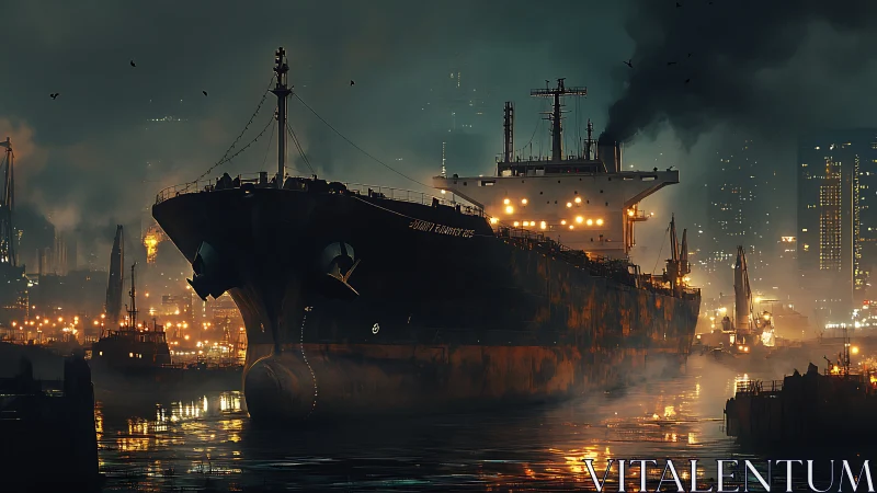 Harbor titan drifts through ember fog and neon rainlight