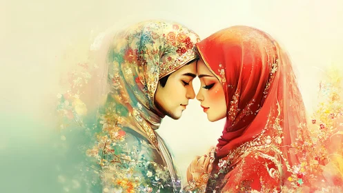 Two figures in traditional hijabs face each other intimately
