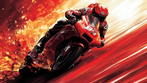 Blazing red superbike racer carving fire through speed lanes.