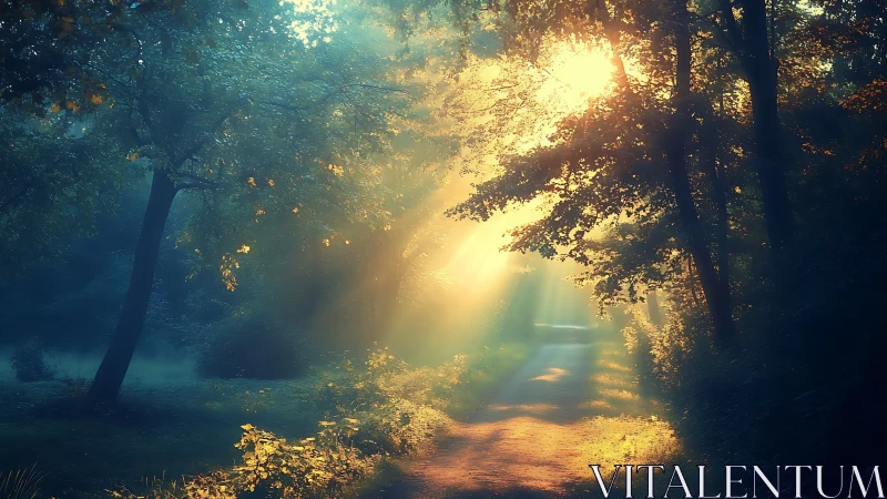 Serene forest path bathed in golden sunrise light, dreamy style.