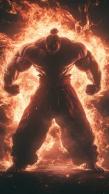 Digital painting of fiery warrior silhouette in infernal ring.