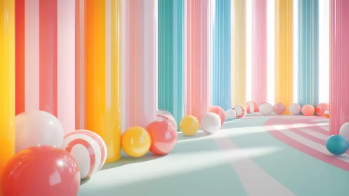 Playful Pastel Columns with Glossy Spheres in Modern Abstract Style.
