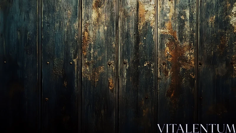 Weathered metal wall glows softly with rust and deep patina