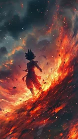 Fiery anime warrior walks boldly through a storm of flame
