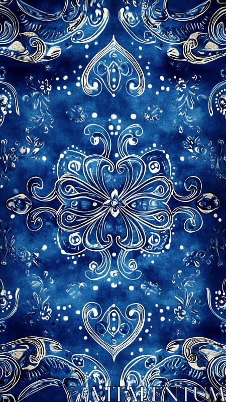 Deep blue ornamental bloom with shimmering white swirls.