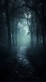 Ethereal forest passage veiled in luminous mystery and ancient shadow.