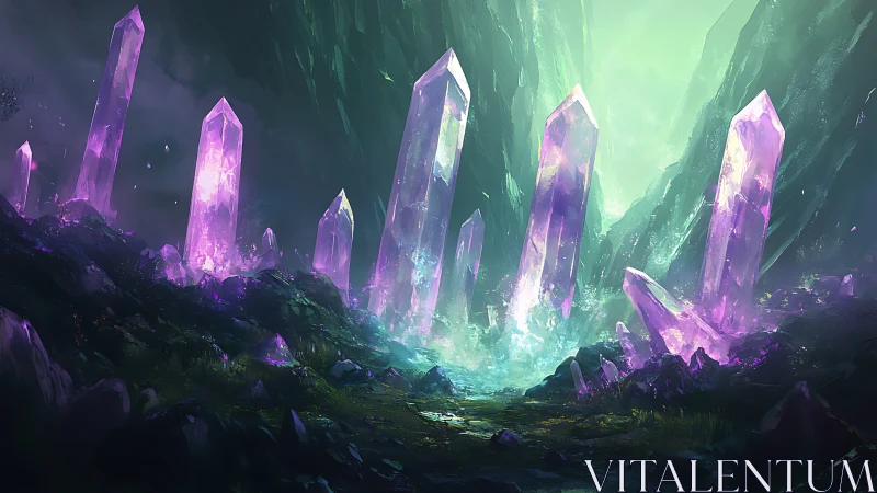 Luminescent amethyst monolith field in misted ravine vista.