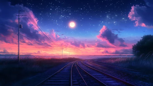 Curved coastal railway tracks under twilight sky and moon.