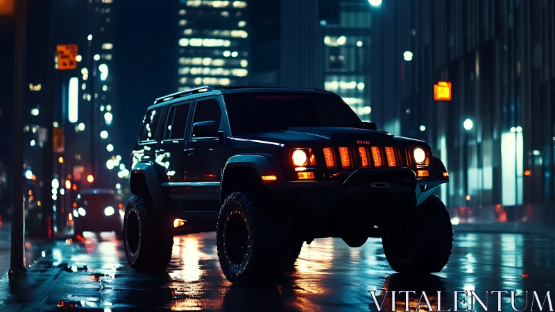 Midnight city SUV glowing against rainy neon streets.