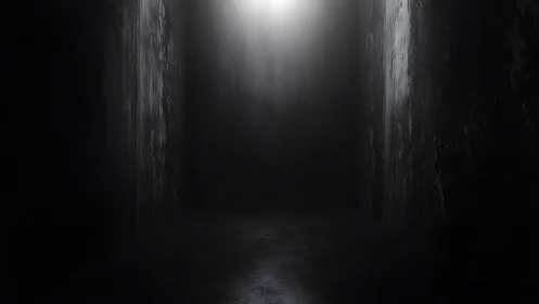Narrow dark corridor with single overhead light source.