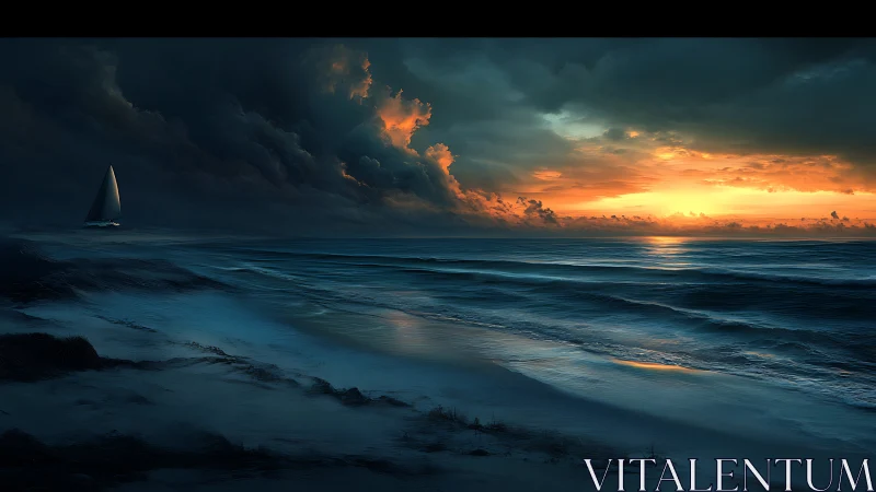 Storm-lit ocean sunset meets solitary sailing boat at dusk.
