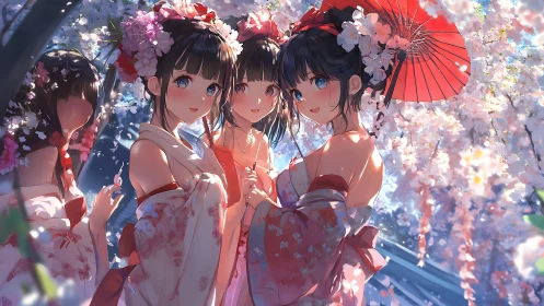 Cherry blossom girls share a gentle festival moment in spring