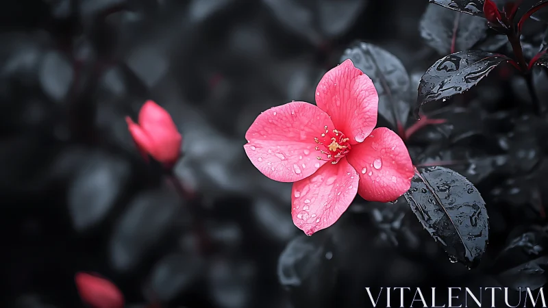 Pink camellia flower with water droplets on dark foliage background