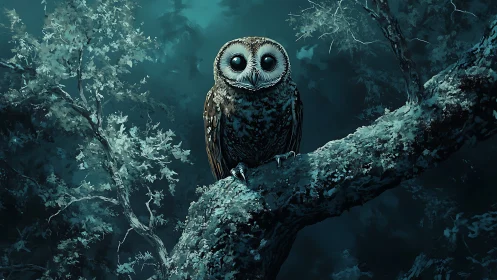 Mysterious Owl Perched on Forest Branch in Moody Night Scene.