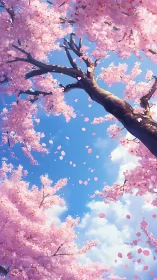 Cherry blossom canopy viewed from below under clear sky.