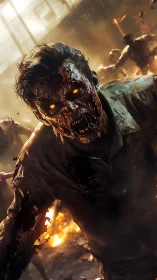 Decayed humanoid figure advancing in burning urban street.