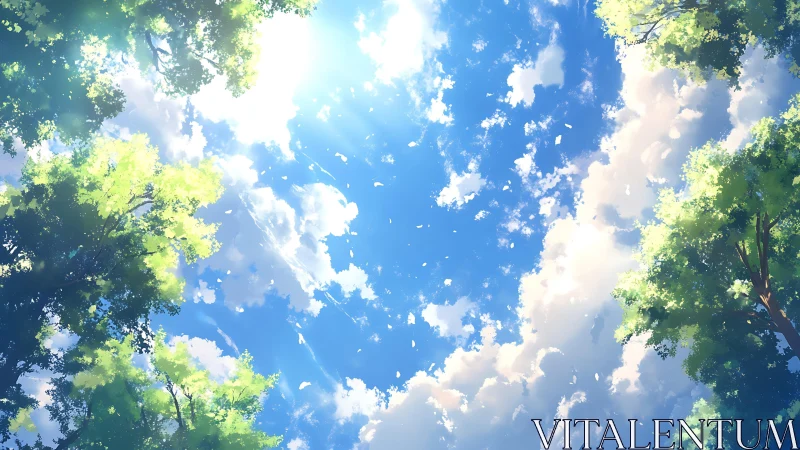 Upward forest perspective captures luminous summer sky