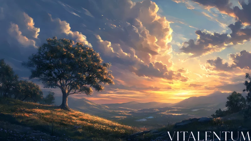 Lone hillside sentinel beneath a storm of molten sunset clouds.