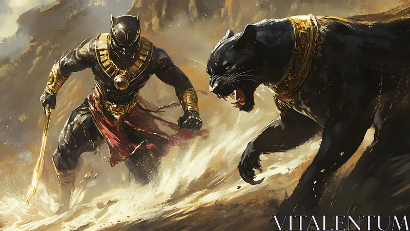 Armored Warrior Confronting Predatory Beast in Golden Combat Arena.