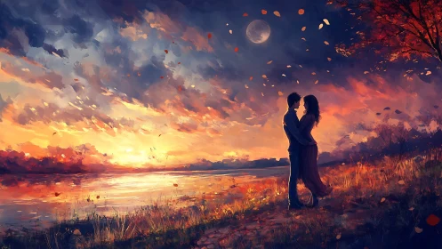 Twilight Embrace: Romantic Silhouettes Against Sunset Firestorm.