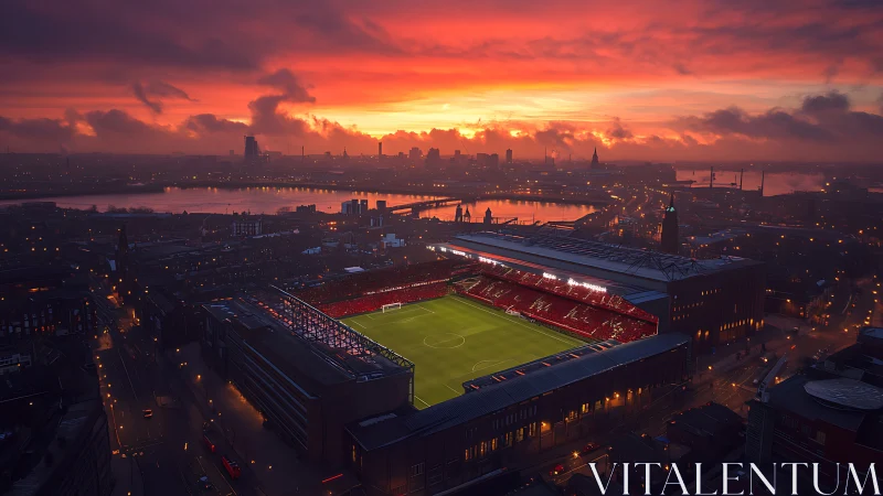 Sunset-lit football stadium dominates dense riverside cityscape