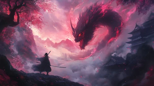 Samurai confronting crimson dragon amidst burning skies.