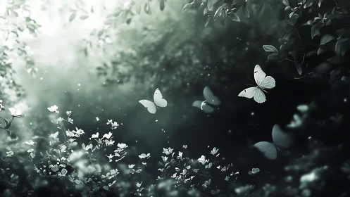 White butterflies drift through misty monochrome forest glade