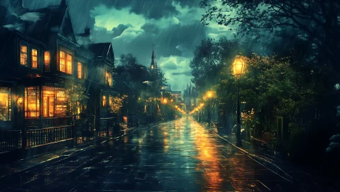 Rain-slicked lantern road hums with midnight windowlight