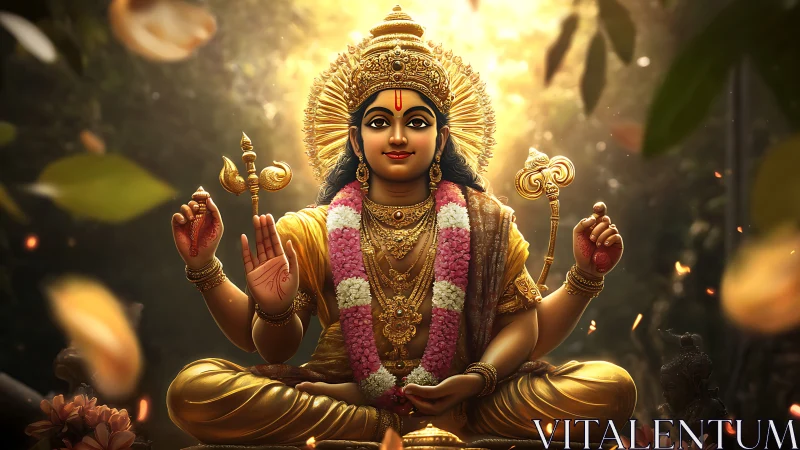 Golden seated deity with aureole, floral garland, and triśula iconography.